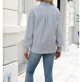 Womens Ruffle Stand Collar Striped Button Down Balloon Sleeve Blouse