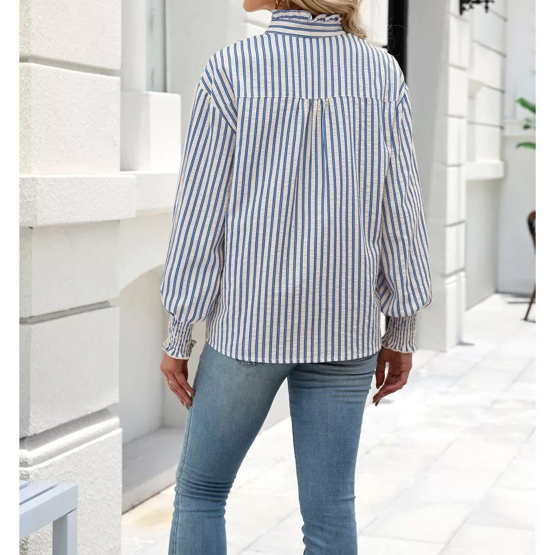Womens Ruffle Stand Collar Striped Button Down Balloon Sleeve Blouse
