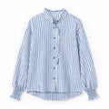 Womens Ruffle Stand Collar Striped Button Down Balloon Sleeve Blouse