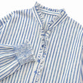 Womens Ruffle Stand Collar Striped Button Down Balloon Sleeve Blouse