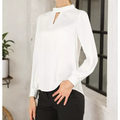 Womens Stand Collar Keyhole Bell Long Sleeve Chiffon Blouse