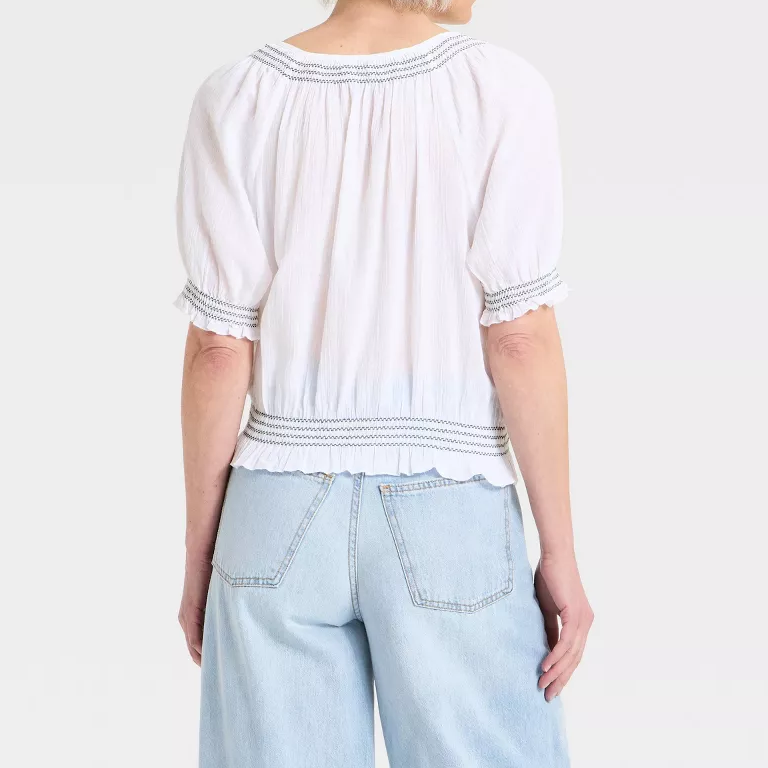 Womens Puff Short Sleeve Embroidered Tie V Neck Woven Blouse