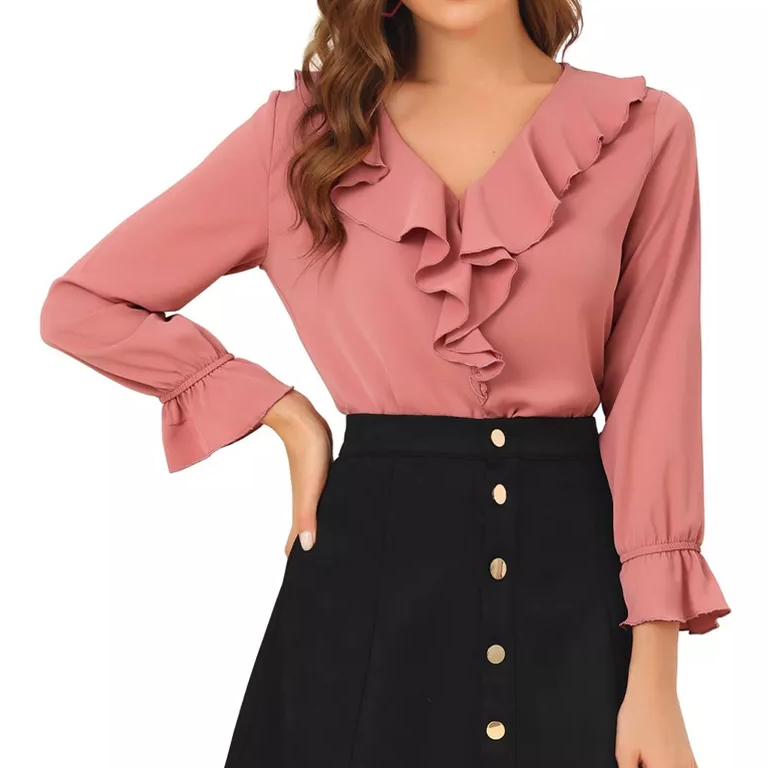 Womens Ruffle V Neck Flounce Long Sleeve Light Chiffon Blouse