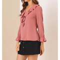 Womens Ruffle V Neck Flounce Long Sleeve Light Chiffon Blouse