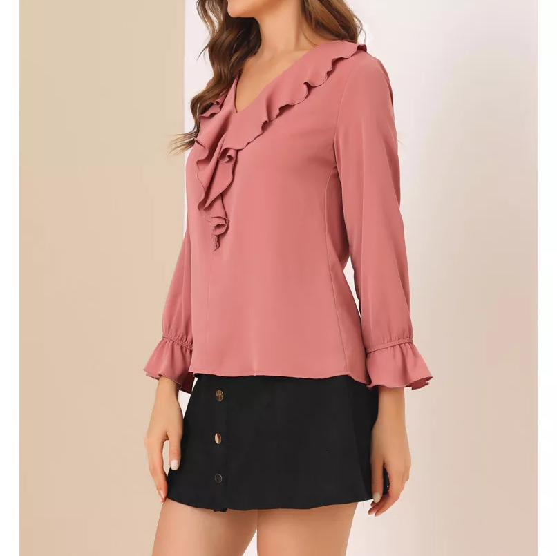 Womens Ruffle V Neck Flounce Long Sleeve Light Chiffon Blouse