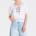 Womens Puff Short Sleeve Embroidered Tie V Neck Woven Blouse