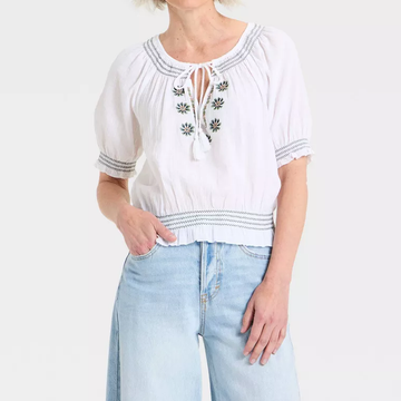 Womens Puff Short Sleeve Embroidered Tie V Neck Woven Blouse